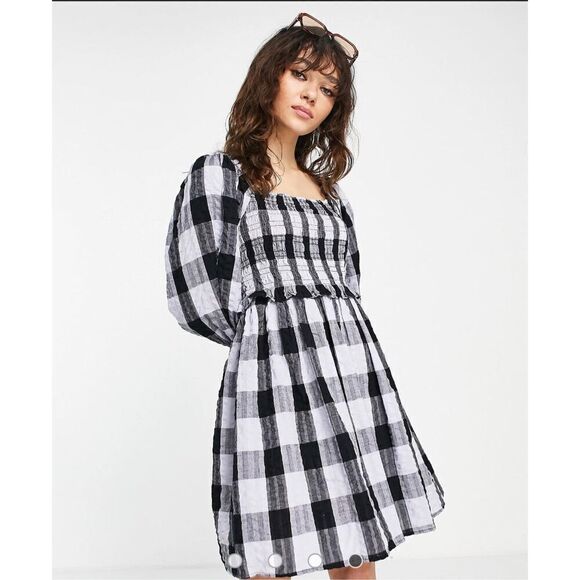 TOPSHOP SHIRRING SEERSUCKER CHECK PUFF SLEEVE MINI DRESS Size 10 - Picture 2 of 11